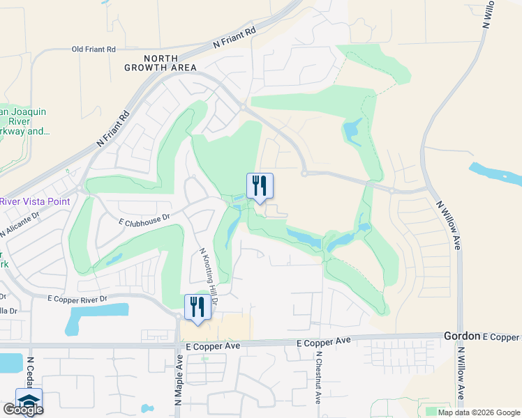 map of restaurants, bars, coffee shops, grocery stores, and more near 2140 East Clubhouse Drive in Fresno