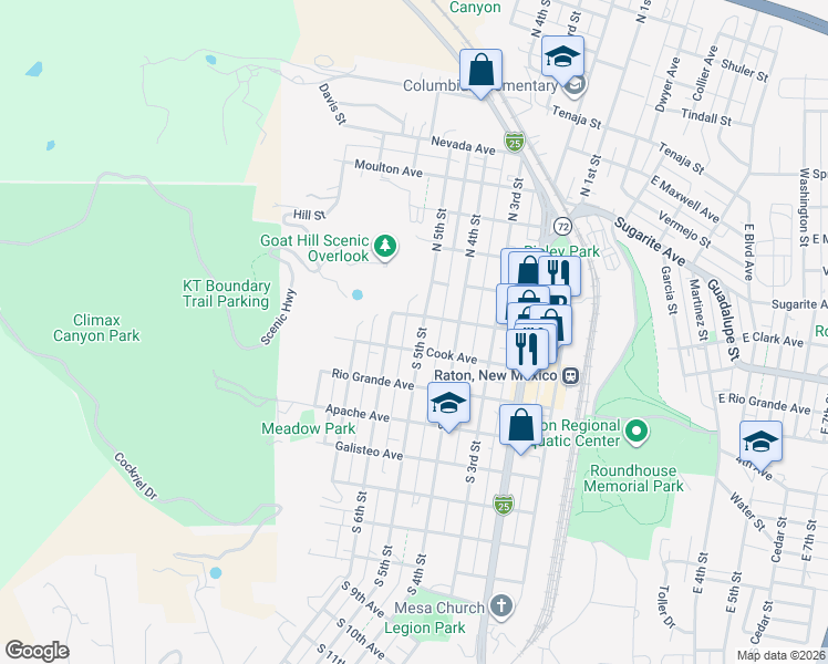 map of restaurants, bars, coffee shops, grocery stores, and more near 100-198 N 5th St in Raton