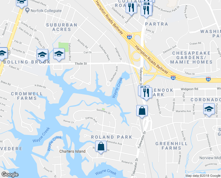 map of restaurants, bars, coffee shops, grocery stores, and more near 7041 Suburban Arch in Norfolk