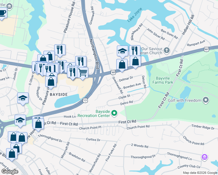 map of restaurants, bars, coffee shops, grocery stores, and more near 4500 James Court in Virginia Beach