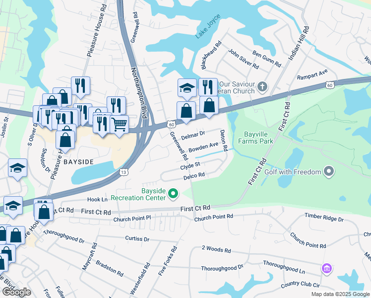 map of restaurants, bars, coffee shops, grocery stores, and more near 4448 Bowden Avenue in Virginia Beach