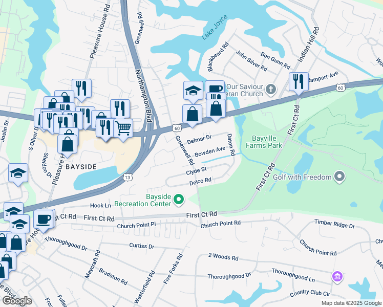 map of restaurants, bars, coffee shops, grocery stores, and more near 4448 Bowden Avenue in Virginia Beach