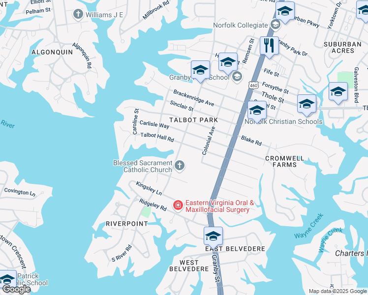 map of restaurants, bars, coffee shops, grocery stores, and more near 237 Talbot Hall Road in Norfolk