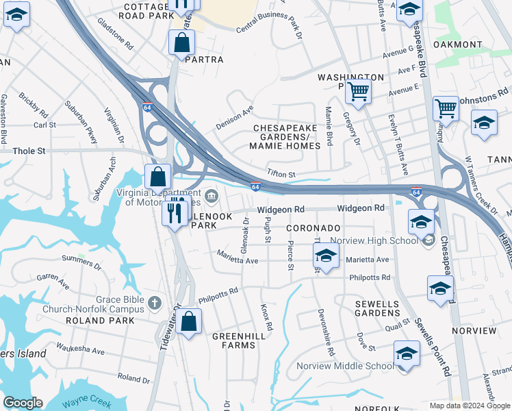 map of restaurants, bars, coffee shops, grocery stores, and more near 908 Widgeon Road in Norfolk