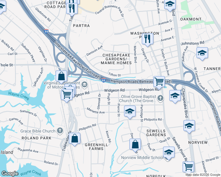 map of restaurants, bars, coffee shops, grocery stores, and more near 920 Widgeon Road in Norfolk