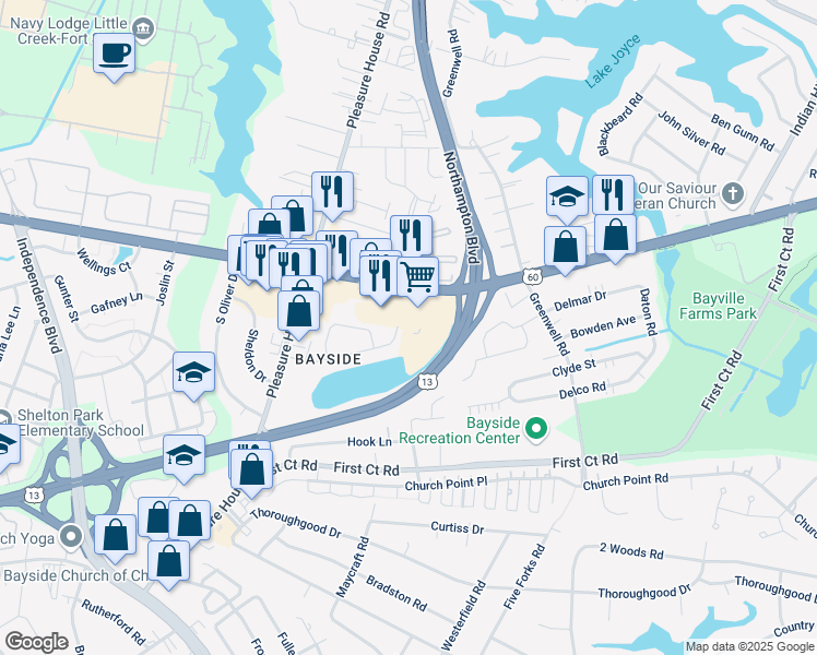 map of restaurants, bars, coffee shops, grocery stores, and more near 4625 Shore Drive in Virginia Beach