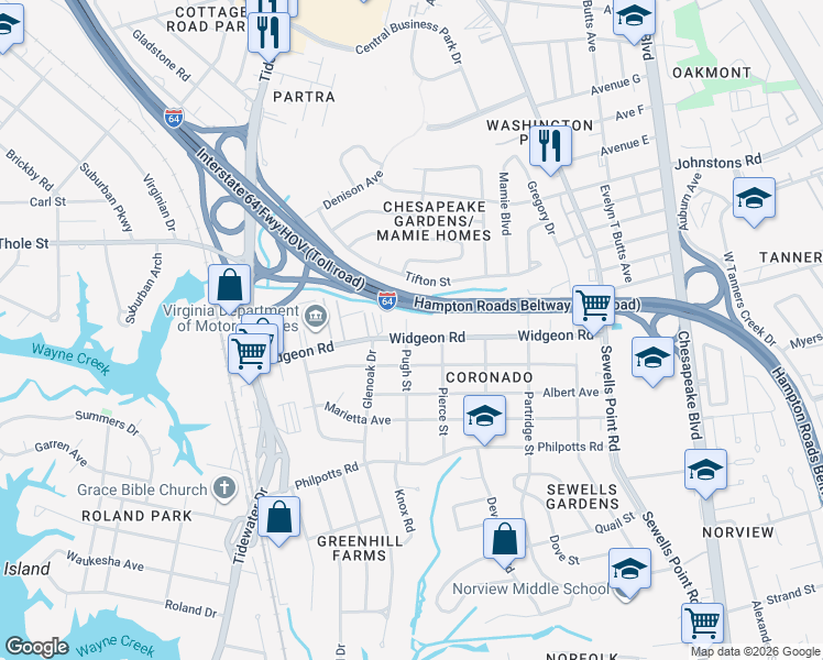 map of restaurants, bars, coffee shops, grocery stores, and more near 928 Widgeon Road in Norfolk