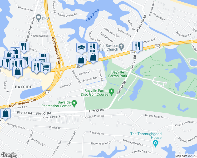 map of restaurants, bars, coffee shops, grocery stores, and more near 4405 Bowden Avenue in Virginia Beach