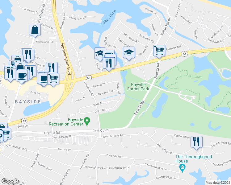 map of restaurants, bars, coffee shops, grocery stores, and more near 4405 Bowden Avenue in Virginia Beach