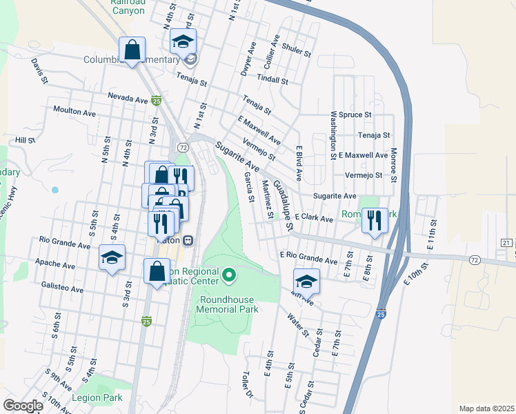 map of restaurants, bars, coffee shops, grocery stores, and more near 14-398 Martinez Street in Raton