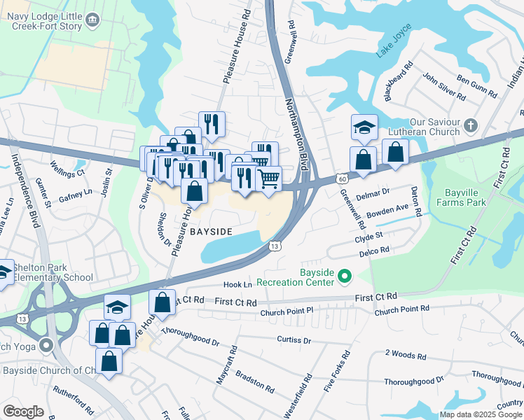 map of restaurants, bars, coffee shops, grocery stores, and more near 4625 Shore Drive in Virginia Beach