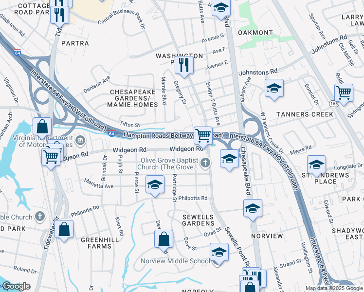 map of restaurants, bars, coffee shops, grocery stores, and more near 6905 Minnie Avenue in Norfolk