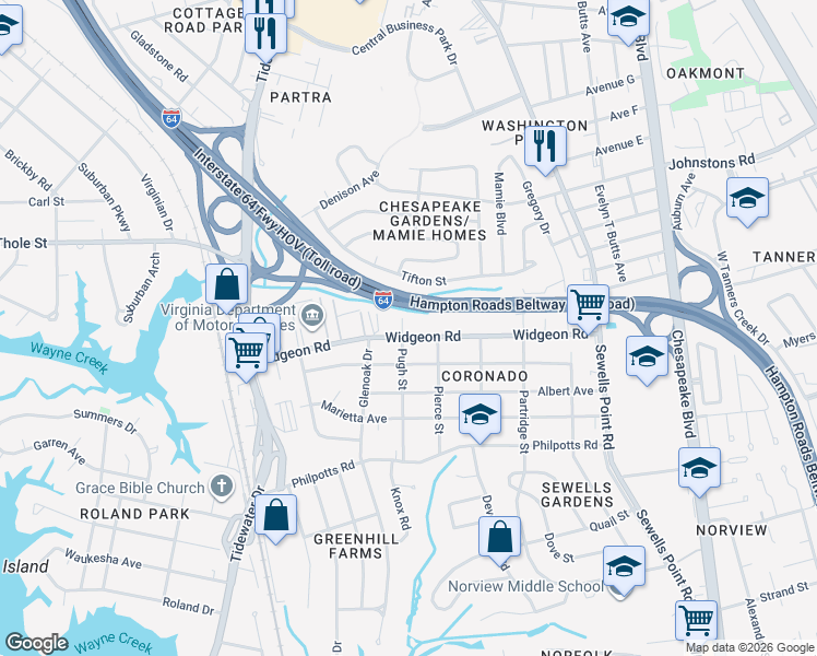map of restaurants, bars, coffee shops, grocery stores, and more near 928 Widgeon Road in Norfolk