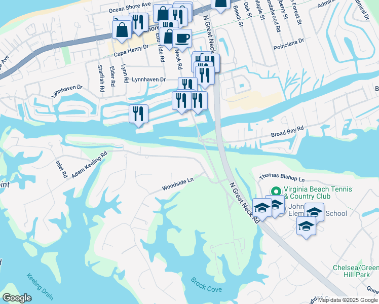 map of restaurants, bars, coffee shops, grocery stores, and more near 2924 Adam Keeling Road in Virginia Beach