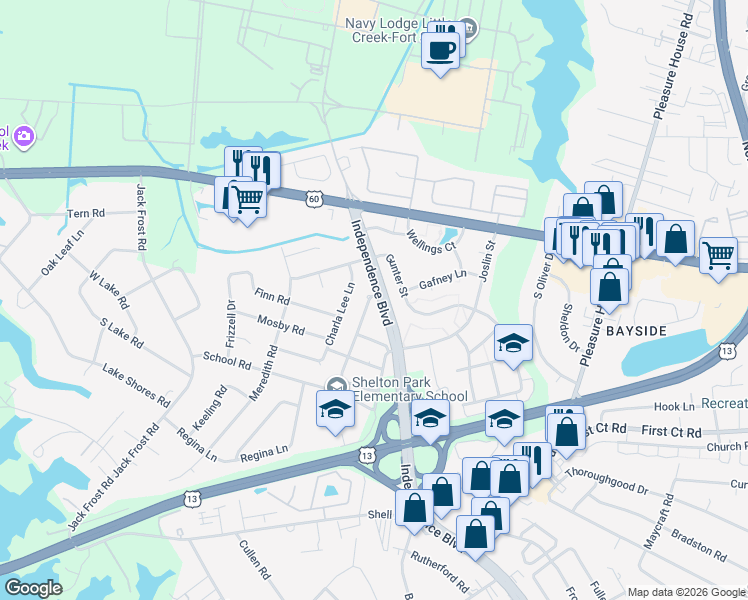 map of restaurants, bars, coffee shops, grocery stores, and more near 1941 Independence Boulevard in Virginia Beach