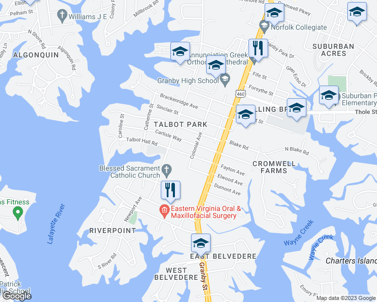 map of restaurants, bars, coffee shops, grocery stores, and more near 204 Talbot Hall Road in Norfolk