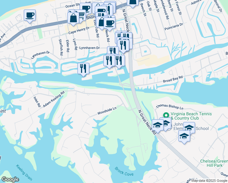 map of restaurants, bars, coffee shops, grocery stores, and more near 2924 Adam Keeling Road in Virginia Beach