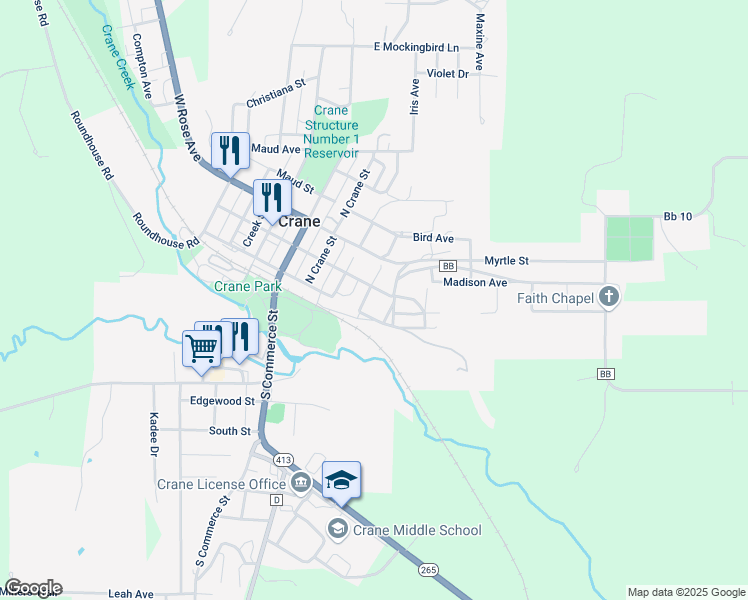 map of restaurants, bars, coffee shops, grocery stores, and more near 111 College Street in Crane