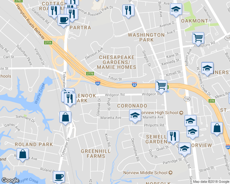 map of restaurants, bars, coffee shops, grocery stores, and more near 928 Widgeon Road in Norfolk