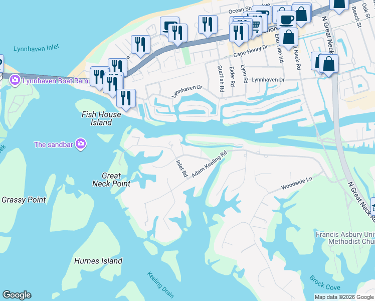 map of restaurants, bars, coffee shops, grocery stores, and more near 2012 Ridge End Road in Virginia Beach