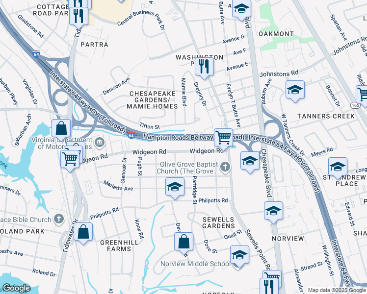 map of restaurants, bars, coffee shops, grocery stores, and more near 978 Widgeon Road in Norfolk