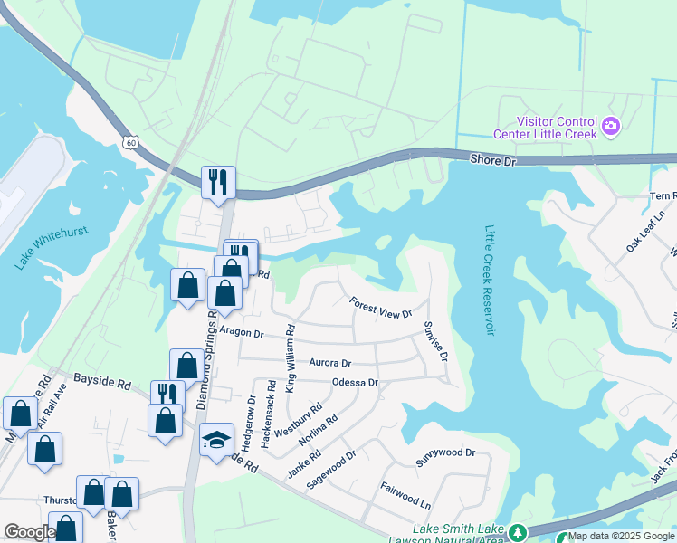 map of restaurants, bars, coffee shops, grocery stores, and more near 10464 Forest View Drive in Virginia Beach