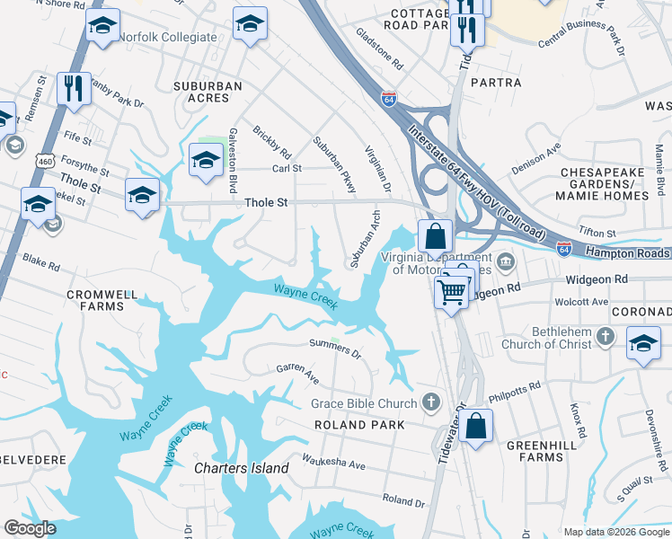 map of restaurants, bars, coffee shops, grocery stores, and more near 7031 Suburban Arch in Norfolk