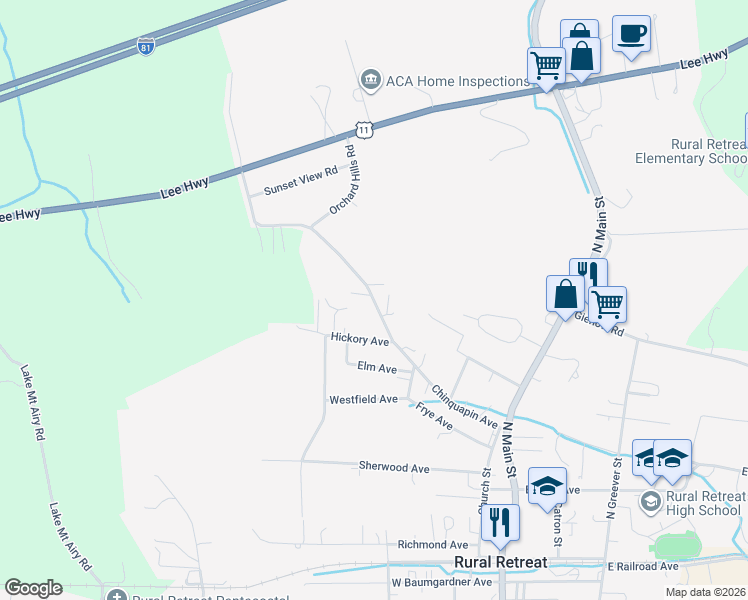 map of restaurants, bars, coffee shops, grocery stores, and more near Chinquapin Ave in Rural Retreat