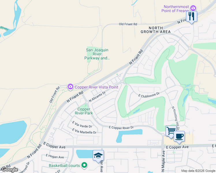 map of restaurants, bars, coffee shops, grocery stores, and more near 1424 East Via Albero Drive in Fresno
