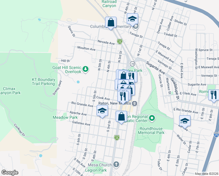 map of restaurants, bars, coffee shops, grocery stores, and more near 101-199 North 4th Street in Raton