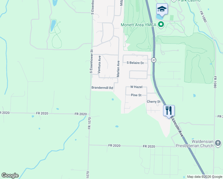 map of restaurants, bars, coffee shops, grocery stores, and more near 400-498 Brandermill Rd in Monett
