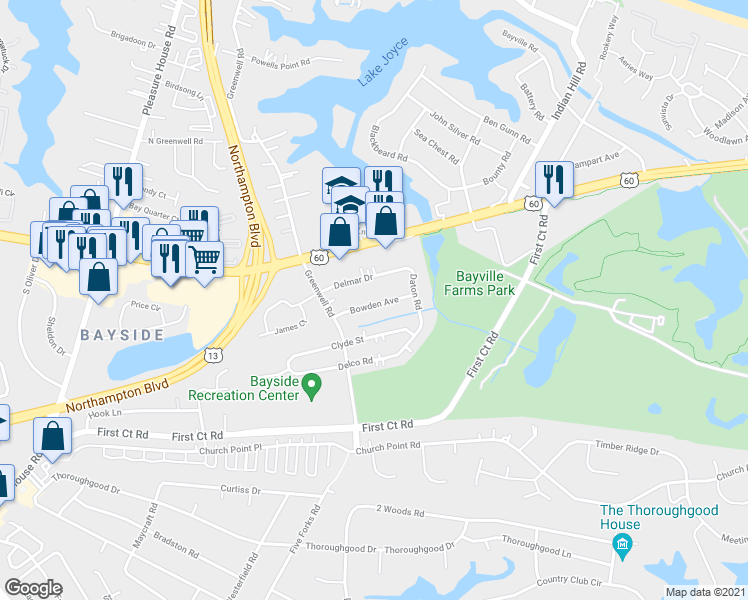 map of restaurants, bars, coffee shops, grocery stores, and more near 4424 Bowden Avenue in Virginia Beach