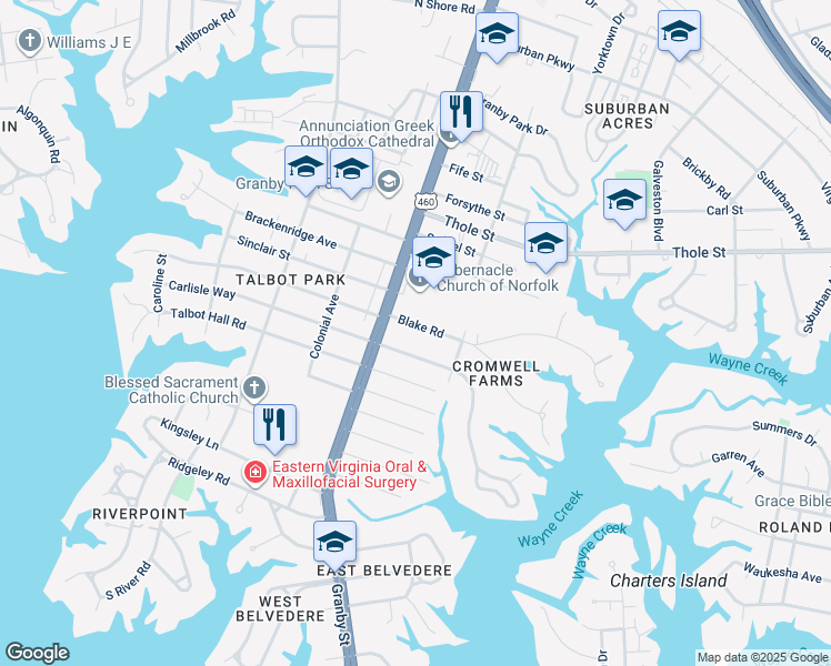 map of restaurants, bars, coffee shops, grocery stores, and more near 113 Blake Road in Norfolk