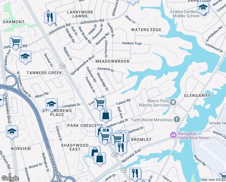 map of restaurants, bars, coffee shops, grocery stores, and more near 1800 Longdale Drive in Norfolk