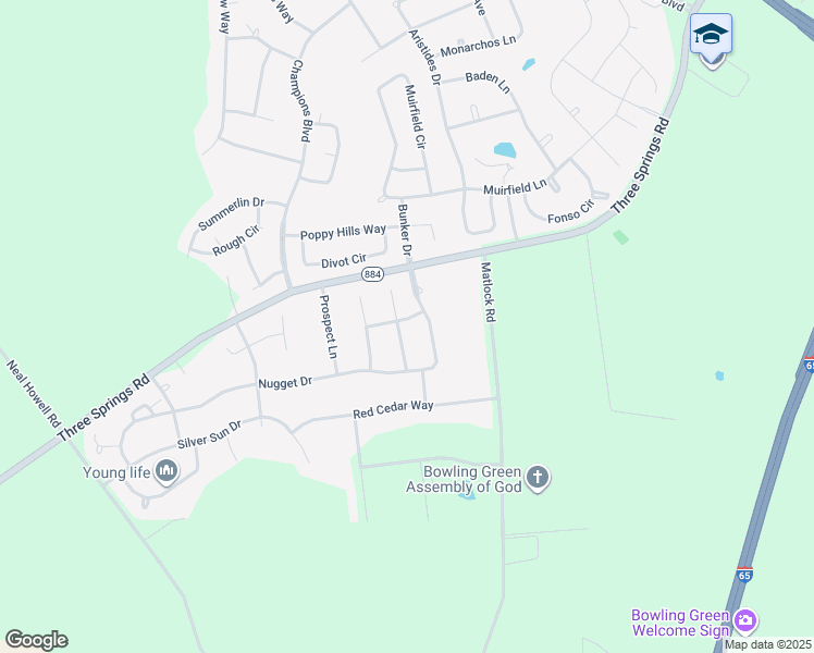 map of restaurants, bars, coffee shops, grocery stores, and more near Eureka Way in Bowling Green