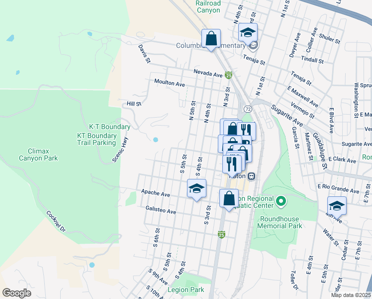 map of restaurants, bars, coffee shops, grocery stores, and more near 100 North 5th Street in Raton