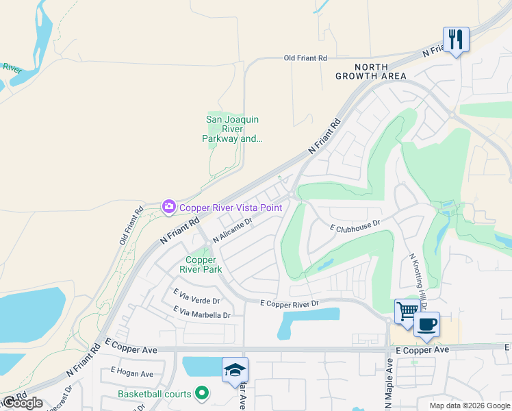 map of restaurants, bars, coffee shops, grocery stores, and more near 1424 East Via Albero Drive in Fresno