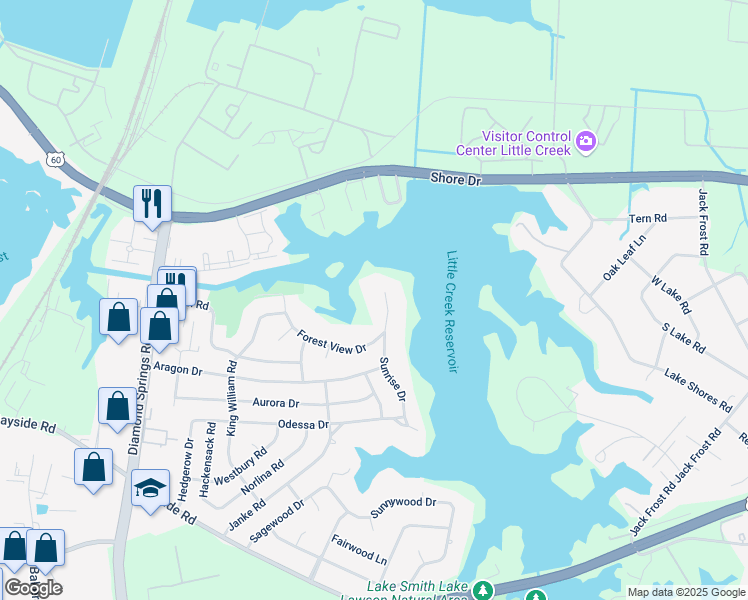 map of restaurants, bars, coffee shops, grocery stores, and more near 5610 Haden Road in Virginia Beach