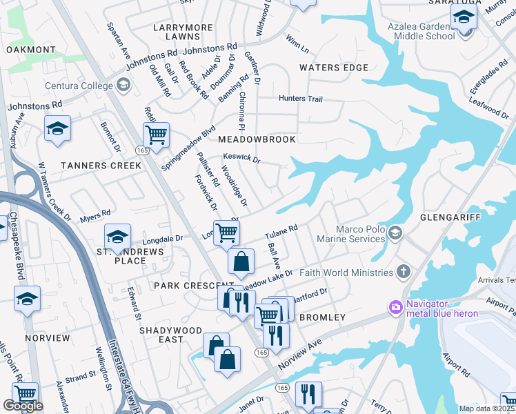 map of restaurants, bars, coffee shops, grocery stores, and more near 1800 Longdale Drive in Norfolk