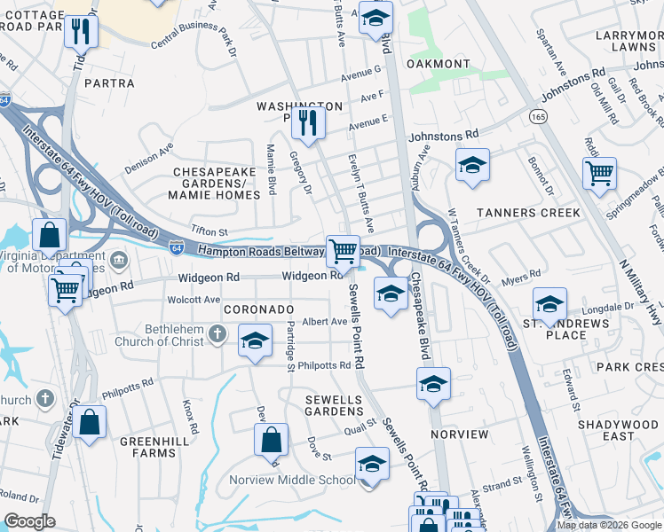 map of restaurants, bars, coffee shops, grocery stores, and more near 6904 Gregory Drive in Norfolk