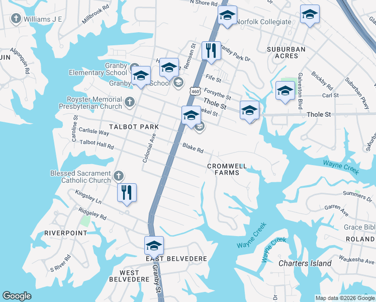 map of restaurants, bars, coffee shops, grocery stores, and more near 111 Blake Road in Norfolk