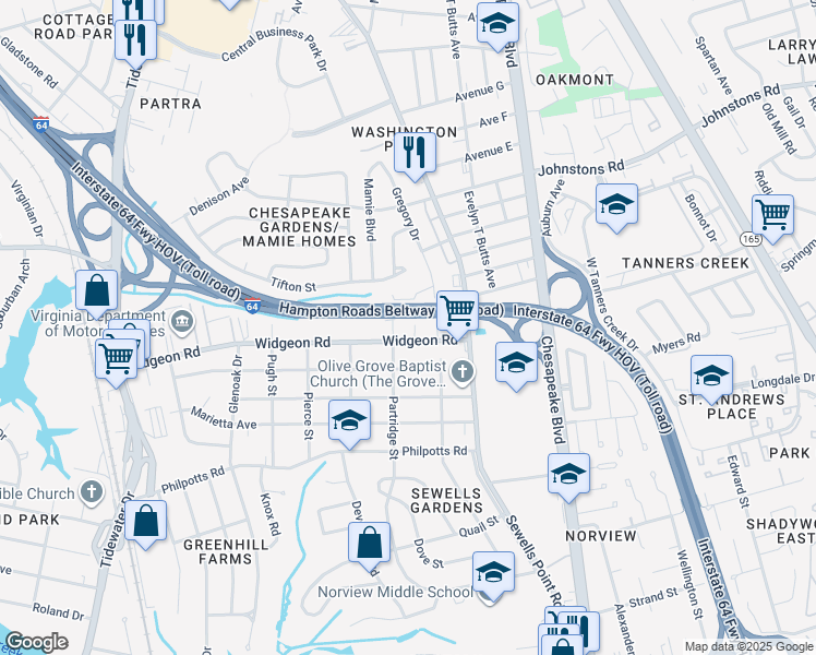 map of restaurants, bars, coffee shops, grocery stores, and more near 6905 Minnie Avenue in Norfolk