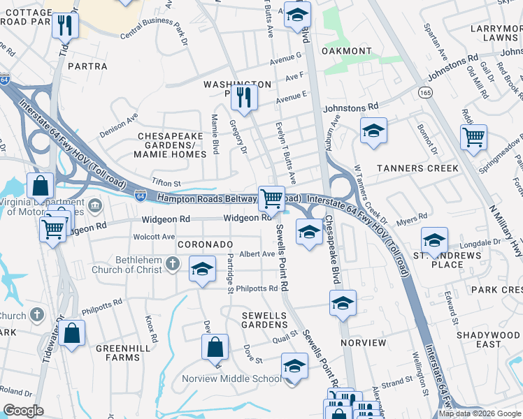 map of restaurants, bars, coffee shops, grocery stores, and more near 6904 Gregory Drive in Norfolk