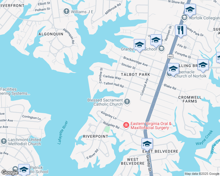 map of restaurants, bars, coffee shops, grocery stores, and more near 6605 Catherine Street in Norfolk