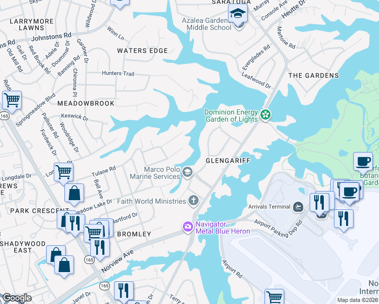 map of restaurants, bars, coffee shops, grocery stores, and more near 6453 Bridle Way in Norfolk