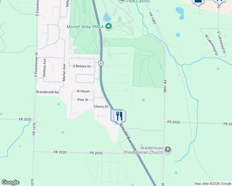 map of restaurants, bars, coffee shops, grocery stores, and more near 105 East Hazel Street in Monett