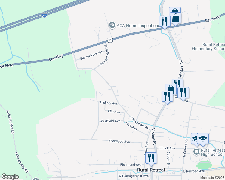map of restaurants, bars, coffee shops, grocery stores, and more near 466-498 Chinquapin Avenue in Rural Retreat