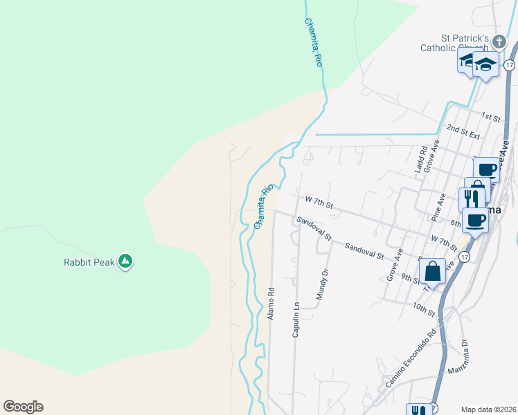 map of restaurants, bars, coffee shops, grocery stores, and more near 804 7th Extension in Chama