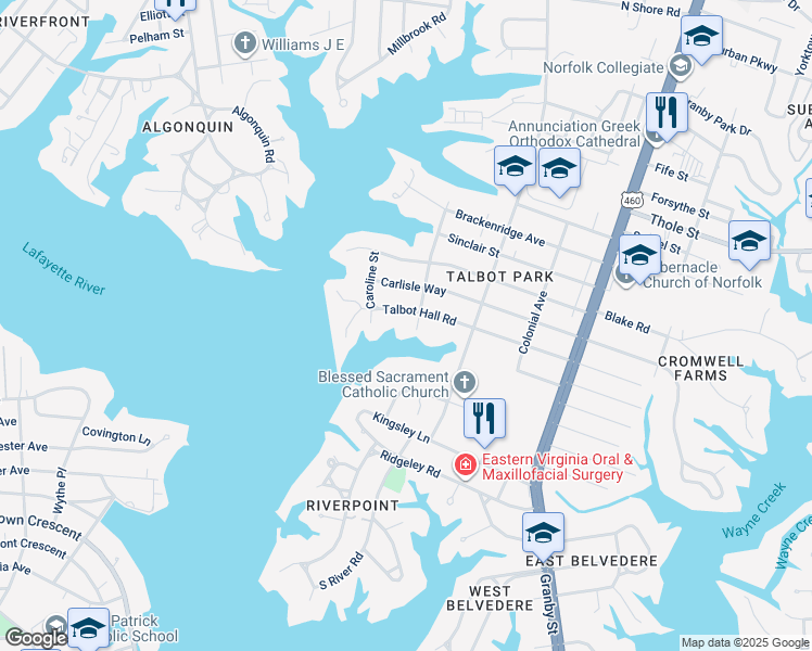 map of restaurants, bars, coffee shops, grocery stores, and more near 6605 Catherine Street in Norfolk