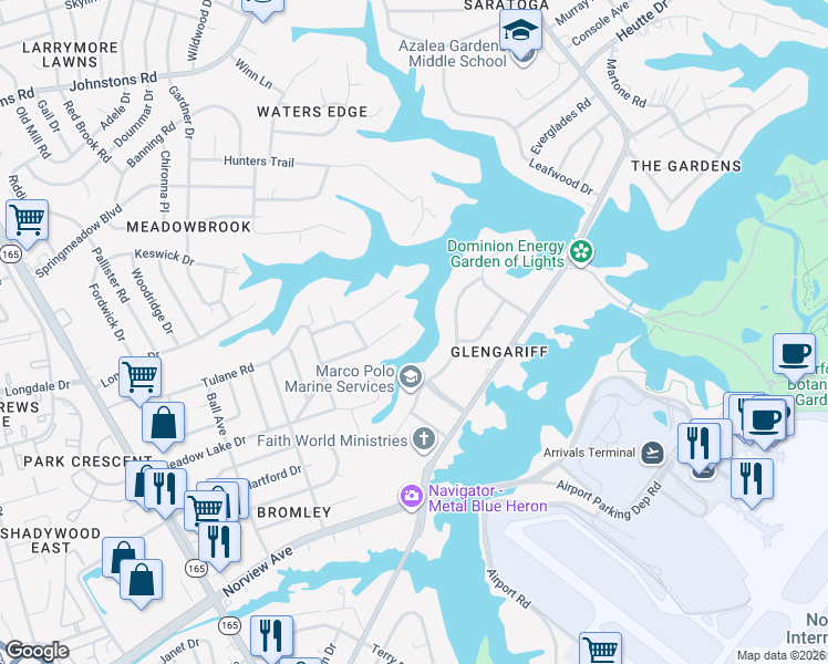 map of restaurants, bars, coffee shops, grocery stores, and more near 6453 Bridle Way in Norfolk